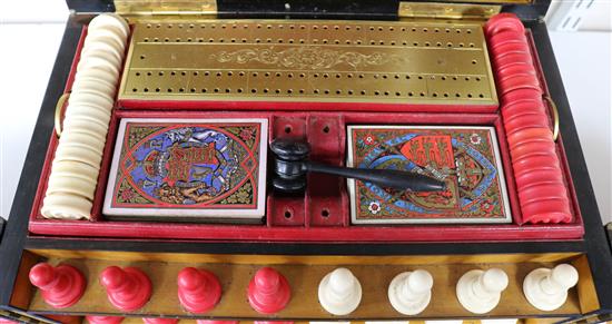 A Victorian burr walnut games compendium, 14in.